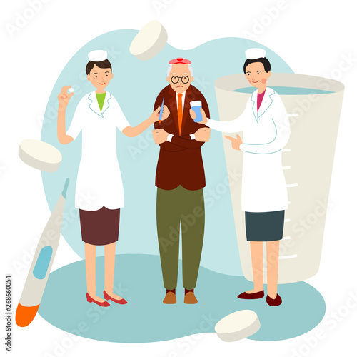 Nurse old patient in cartoon flat style. Two young nurses offer help to an older man with a sore arm. Health concept. Medical home care. Illustration with background with medical accessories