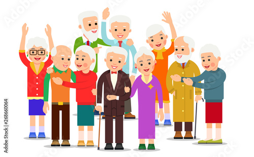 Old people group. Crowd older men and women. Cheerful senior people outdoors. Happy couple travel together. Smiling aged caucasian pensioners. Illustration isolated on white background in flat style