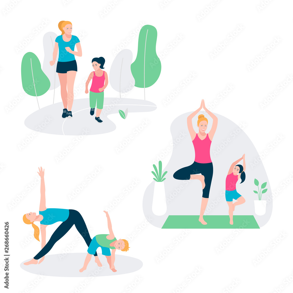 Set with mother and kid doing sport exercises. Family sports activity