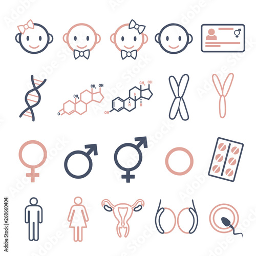 Vector icons set for creating infographics related to gender, transgender and Intersex like DNA, hormone pills, male and female hormones photo