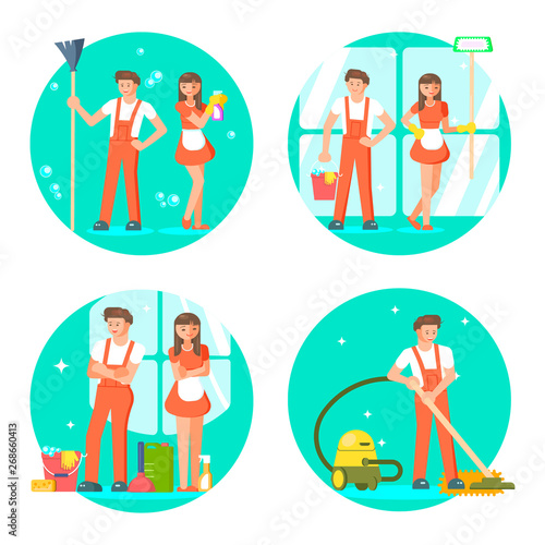 Male and female janitors standing togethe