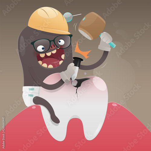 The bad monster is digging and damaging the tooth, A toothache is caused by tooth decay, Cartoon vector, Concept with tooth health