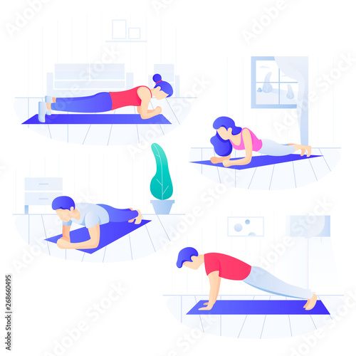 Young people doing plank core workout, working on abdominal muscles
