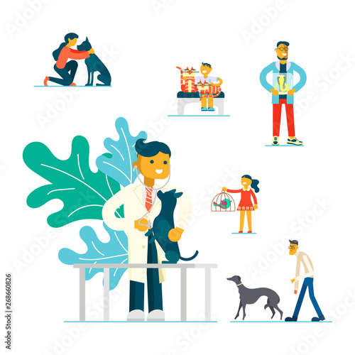 Doctor treats a dog, people with pets.