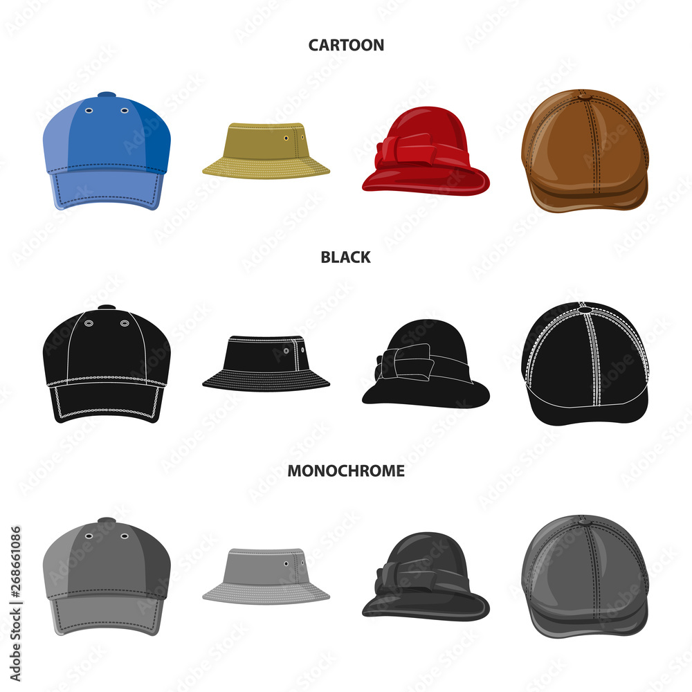 Vector design of headgear and cap symbol. Set of headgear and accessory stock vector illustration. Vector design of headgear and cap symbol. Set of headgear and accessory stock vector illustration.