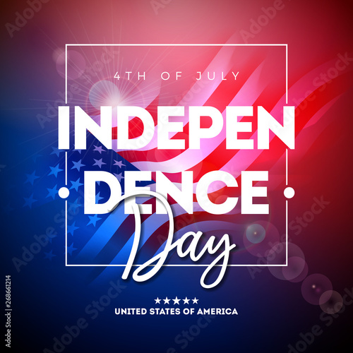 4th of July Independence Day of the USA Vector Illustration wth American Flag And Typography Letter on shiny Background. Fourth of July National Celebration Design with for Banner, Greeting Card