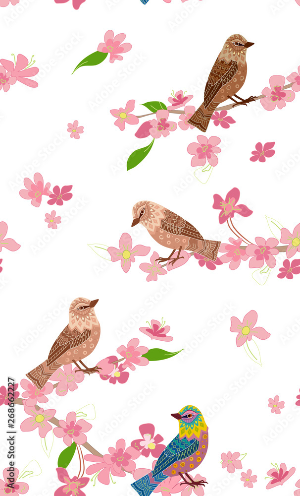 seamless texture with blossom cherry and birds