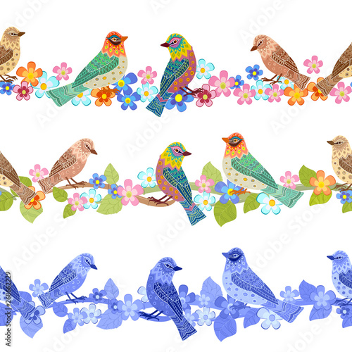 collection of horizontal floral seamless borders with pretty bir