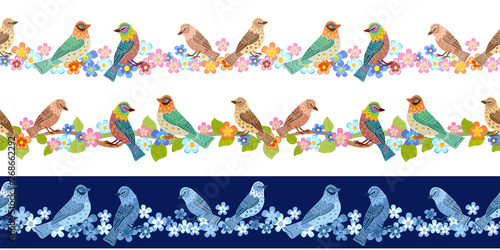 collection of horizontal floral seamless borders with pretty bir