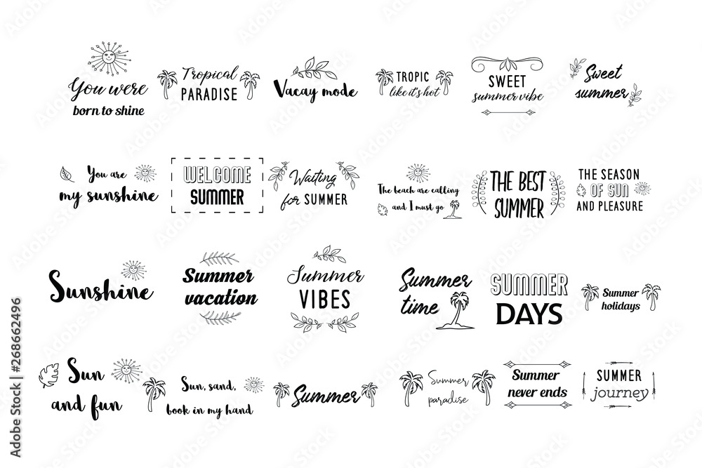 Set of vector calligraphy sayings quotes about summer, travel, halidays, vacation Set of vector calligraphy sayings quotes about summer, travel, halidays, vacation