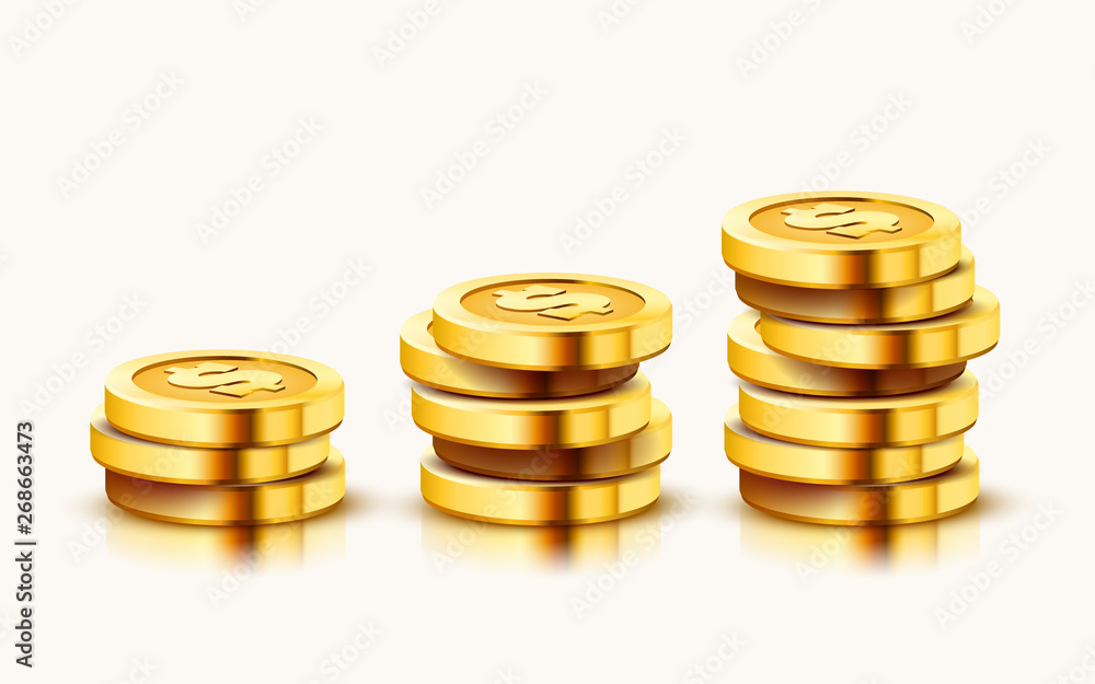 Growing stack of golden dollar coins isolated on white background. Economics concept. Growing stack of golden dollar coins isolated on white background. Economics concept.