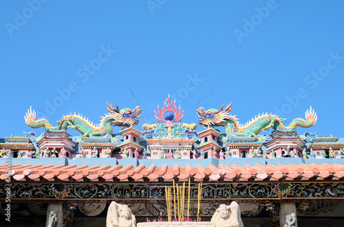 Chinese style roof with dragon statues of  Pak Tai Temple on Cheung Chau island, Hong Kong