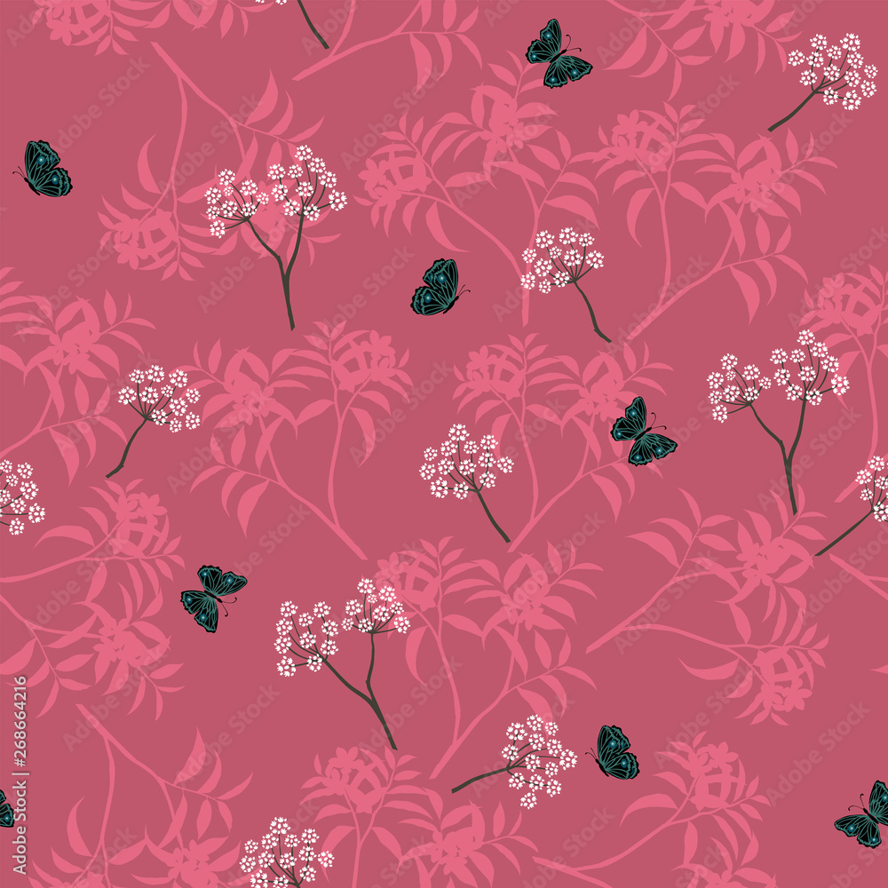Blooming white floral seamless pattern with butterfly on monotone pink background Blooming white floral seamless pattern with butterfly on monotone pink background