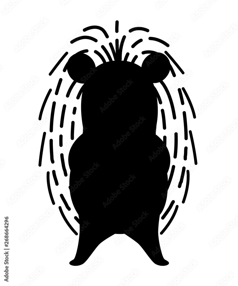 Black silhouette. Adorable hedgehog, forest animal. Spiny mammal. Hedgehog stand on two legs with hands crossed. Cute cartoon animal design. Flat vector illustration isolated on white background