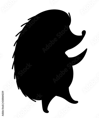 Black silhouette. Adorable hedgehog, forest animal. Spiny mammal. Hedgehog stand on two legs. Cute cartoon animal design. Flat vector illustration isolated on white background