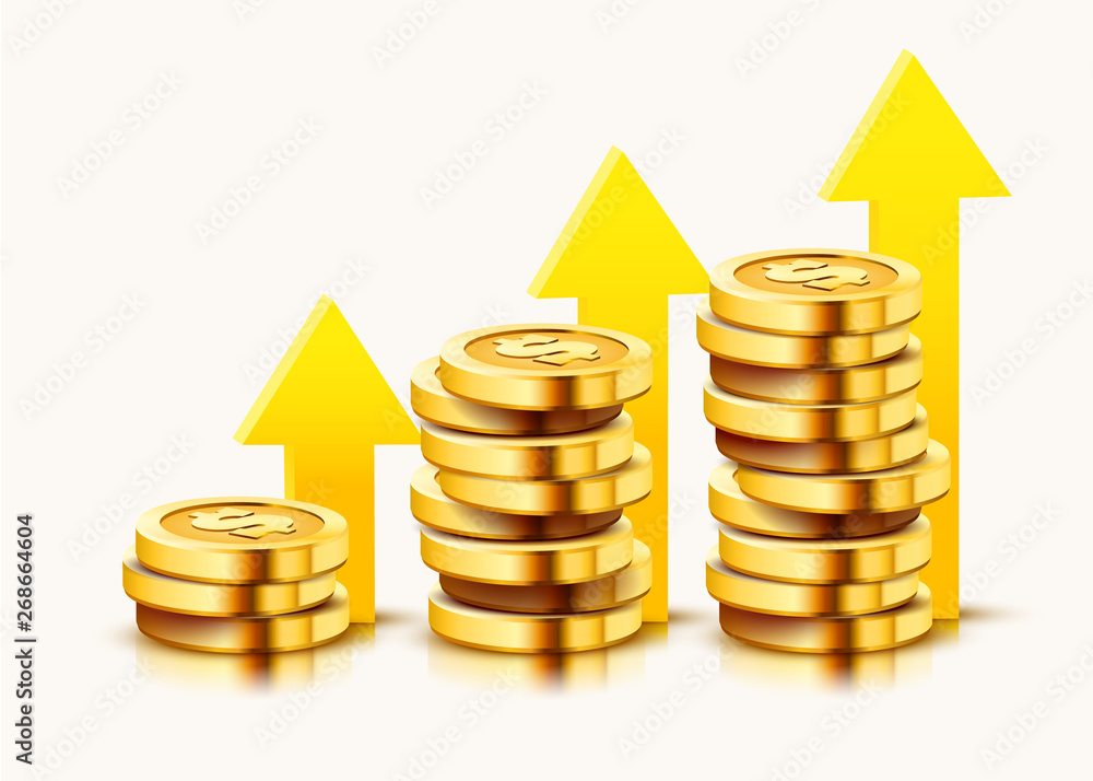 Growing stack of golden dollar coins with rising arrow isolated on white background. Economics concept. Growing stack of golden dollar coins with rising arrow isolated on white background. Economics concept.
