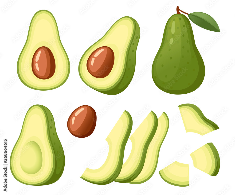 Fresh avocado and slice of avocados. Whole and half cut juicy avocado. Flat vector illustration on white background. Fresh green tropical fruit , Vegetarian, vegan Healthy organic food Fresh avocado and slice of avocados. Whole and half cut juicy avocado. Flat vector illustration on white background. Fresh green tropical fruit , Vegetarian, vegan Healthy organic food