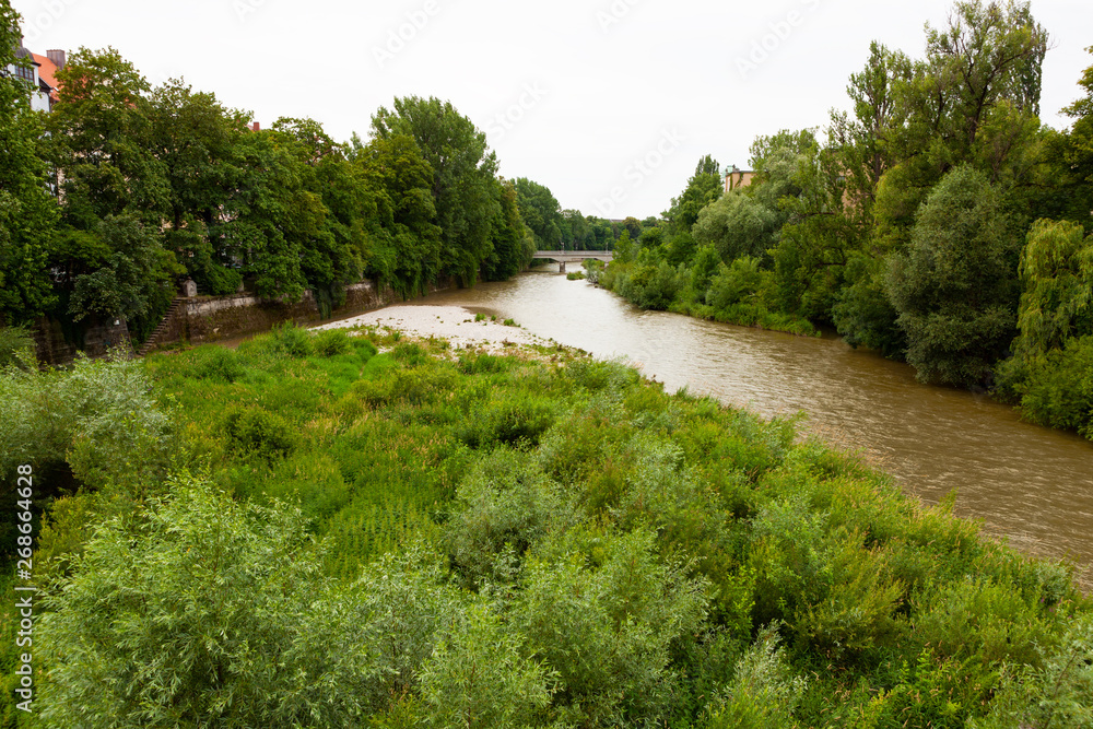 Isar River flowng just outside central Munich, Germany