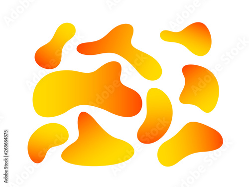 Set of abstract liquid elements. Flowing liquid shapes with fluid orange gradient color. Isolated on white. Vector trendy design.