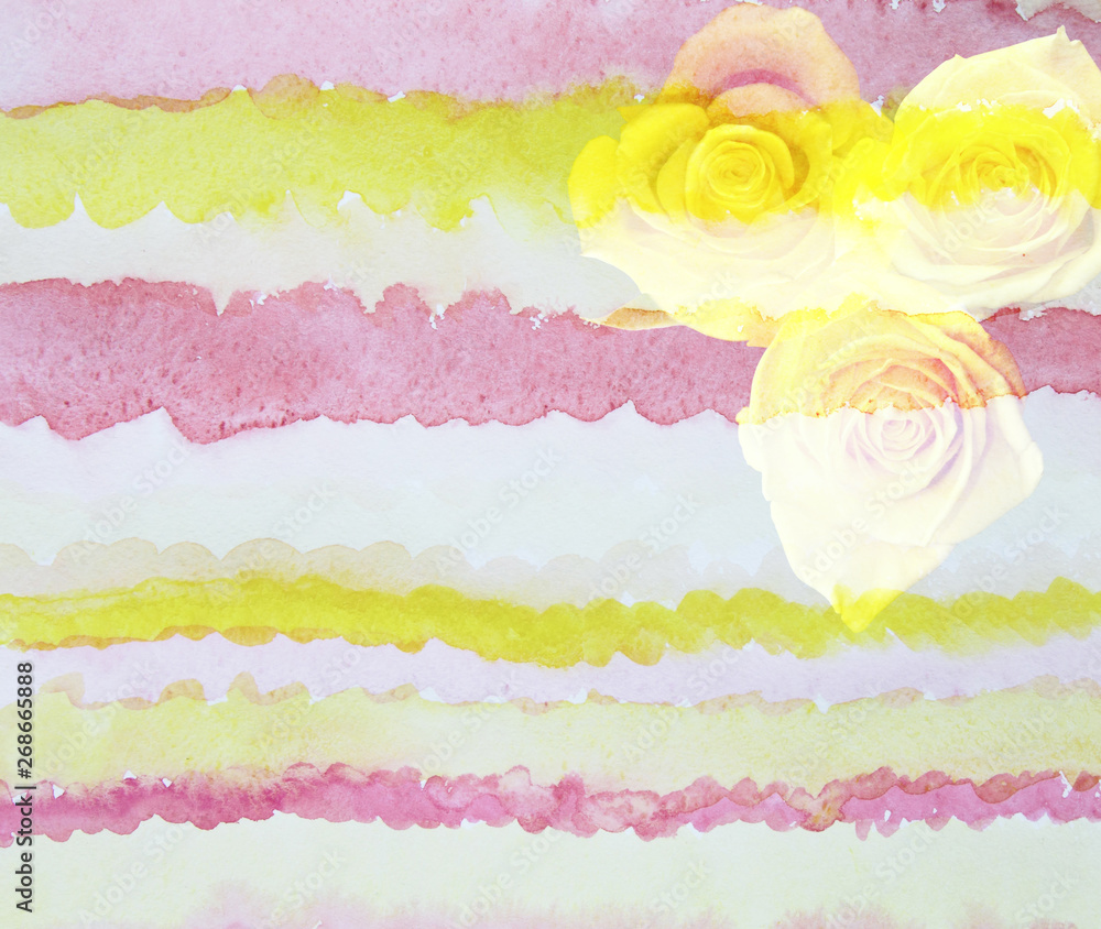Scenic watercolor flower background with yellow roses, made with color filters.
