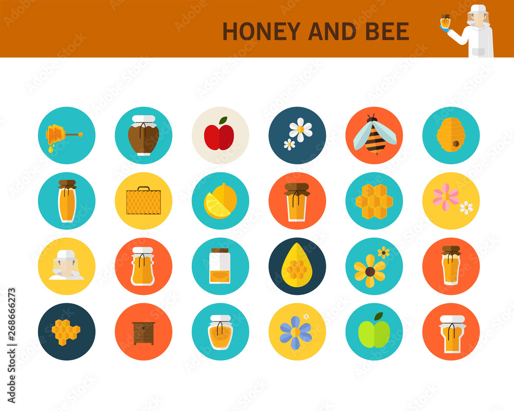 honey and bee concept flat icons. honey and bee concept flat icons.