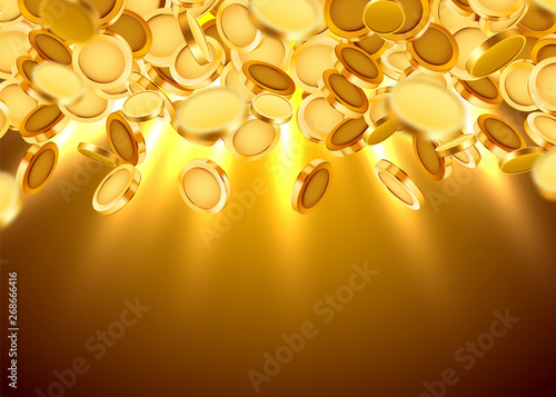 Falling coins, falling money, flying gold coins, golden rain on transparent background. Jackpot or success concept.