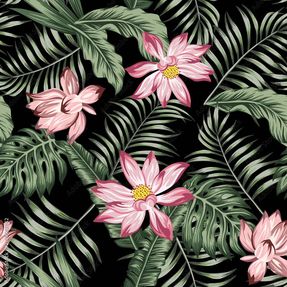 Botanical seamless pattern green leaves black background Botanical seamless pattern green leaves black background
