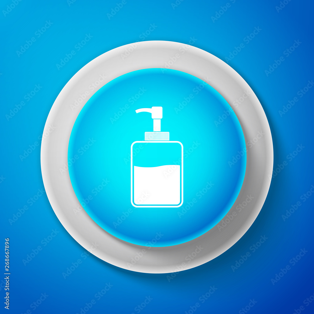 Hand sanitizer bottle icon isolated on blue background. Disinfection concept. Washing gel. Alcohol bottle for hygiene. Circle blue button. Vector Illustration Hand sanitizer bottle icon isolated on blue background. Disinfection concept. Washing gel. Alcohol bottle for hygiene. Circle blue button. Vector Illustration