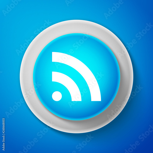 RSS icon isolated on blue background. Radio signal. RSS feed symbol. Circle blue button. Vector Illustration