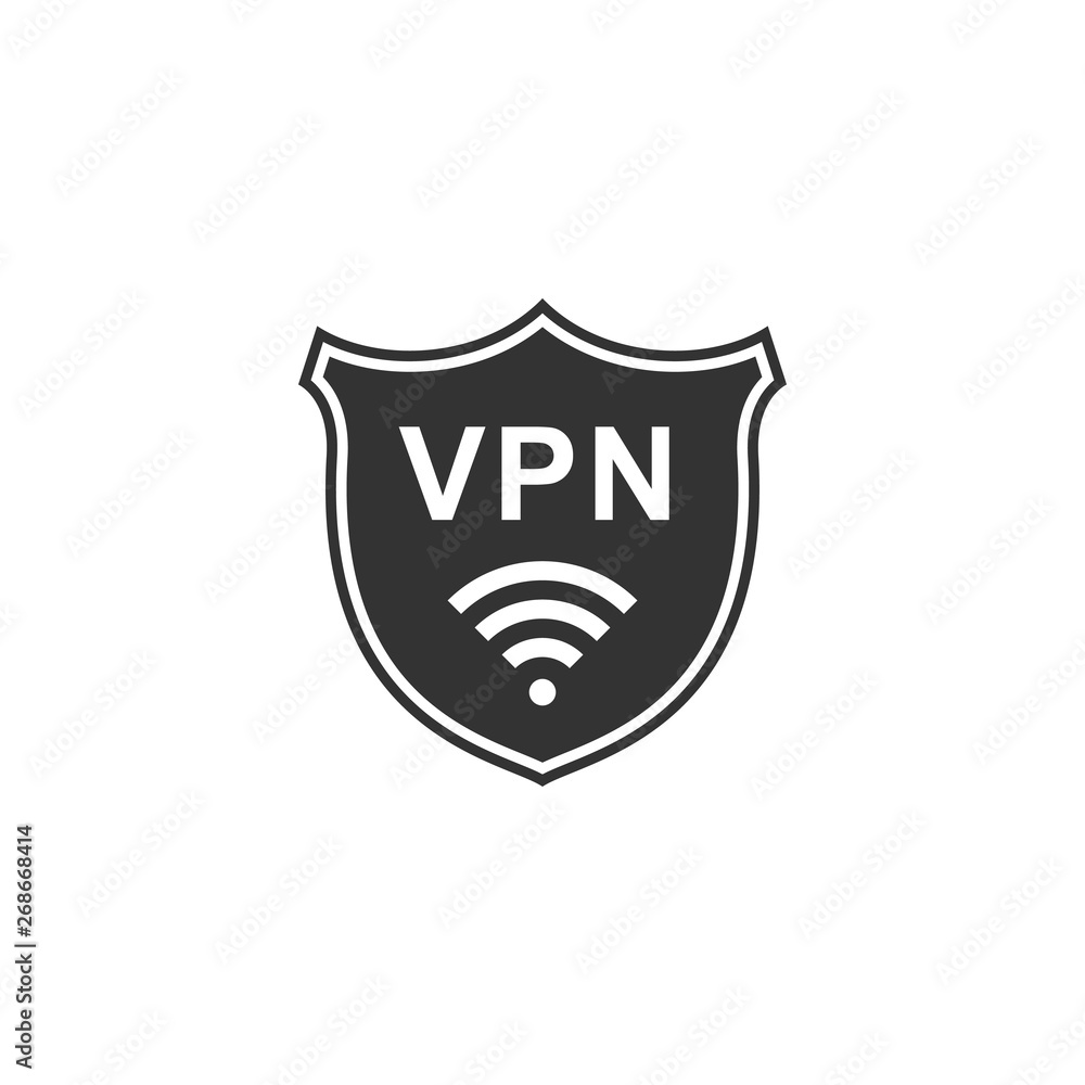 Shield with VPN and WiFi wireless internet network symbol icon isolated. VPN protect safety concept. Virtual private network for security. Flat design. Vector Illustration Shield with VPN and WiFi wireless internet network symbol icon isolated. VPN protect safety concept. Virtual private network for security. Flat design. Vector Illustration