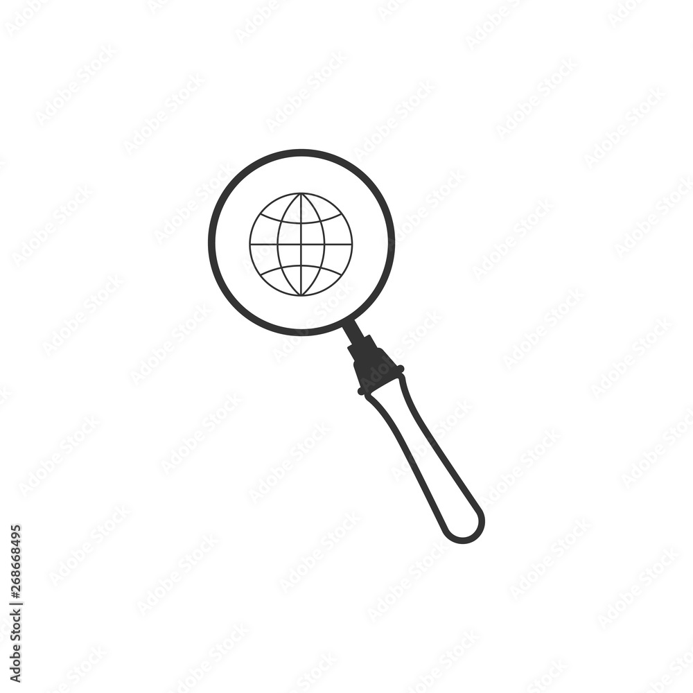 Magnifying glass with globe icon isolated. Analyzing the world. Global search sign. Flat design. Vector Illustration Magnifying glass with globe icon isolated. Analyzing the world. Global search sign. Flat design. Vector Illustration