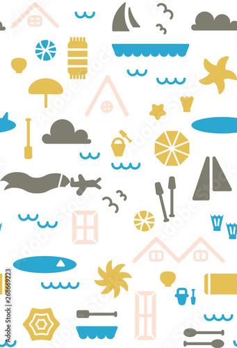 Vacations on the beach, colorful seamless pattern. Summer family holidays theme on white for backgrounds, fashion, textile, wrapping paper and wallpaper