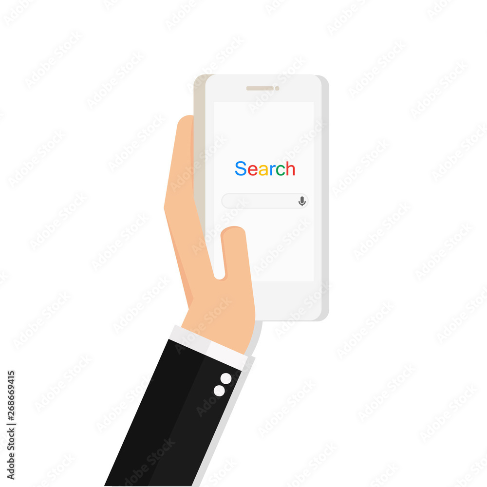 Hand holding smartphone with search browser window on the screen Hand holding smartphone with search browser window on the screen