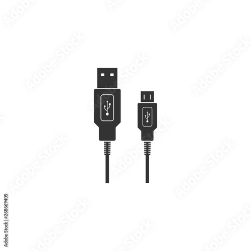 USB Micro cables icon isolated. Connectors and sockets for PC and mobile devices. Computer peripherals connector or smartphone recharge supply. Flat design. Vector Illustration