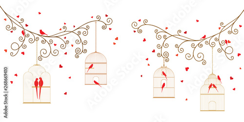 Vector illustration of curly tree branches with hearts, hanging bird cages, wild birds, budgies and parrots on white background. 