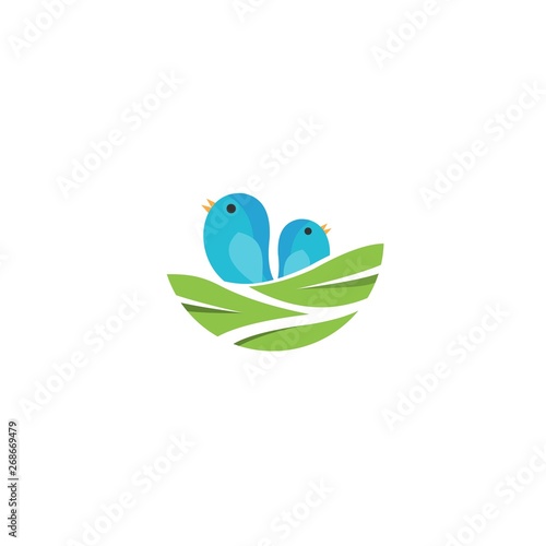 cute baby blue bird in the nest waiting for food from their mother vector logo design