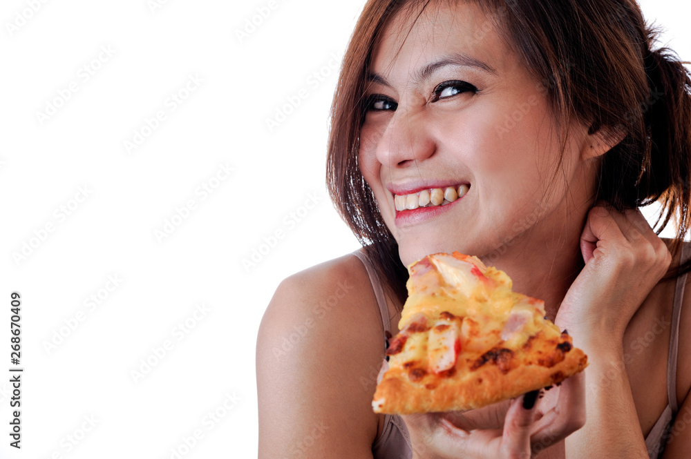 Happy woman eating tasty pizza. Happy woman eating tasty pizza.