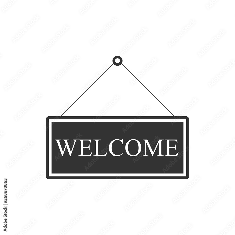Hanging sign with text Welcome icon isolated. Business theme for cafe or restaurant. Flat design. Vector Illustration Hanging sign with text Welcome icon isolated. Business theme for cafe or restaurant. Flat design. Vector Illustration