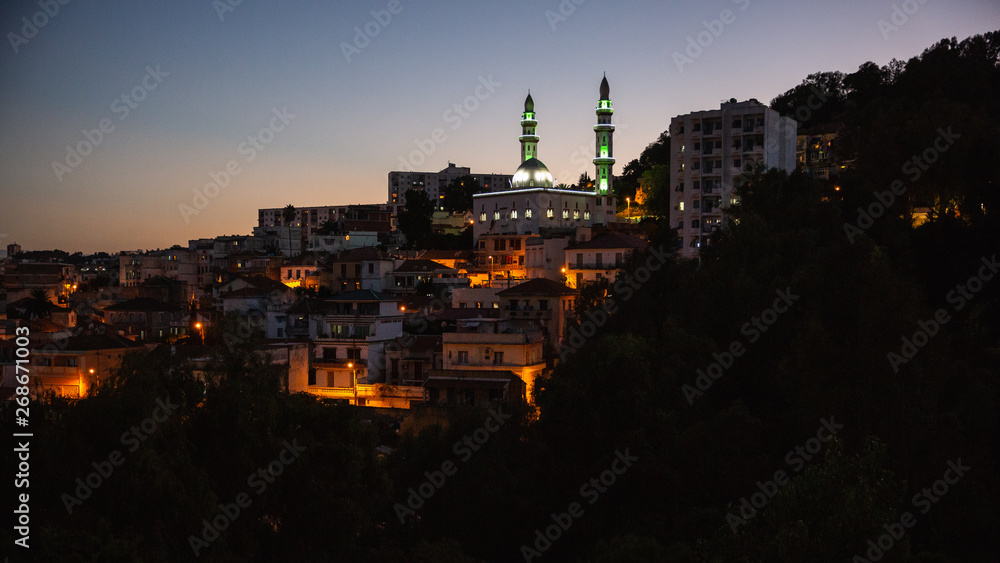 A mosque on a hill at night in Casbah, Algiers, Algeria