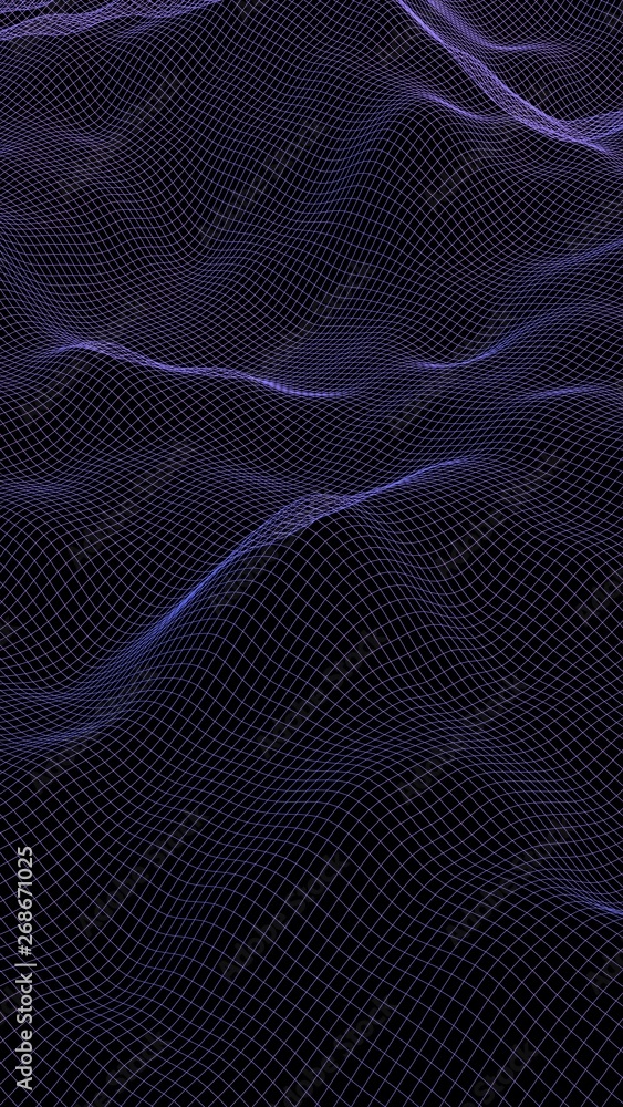 Abstract landscape on a dark background. Cyberspace navy blue grid. hi tech network. 3D illustration Abstract landscape on a dark background. Cyberspace navy blue grid. hi tech network. 3D illustration