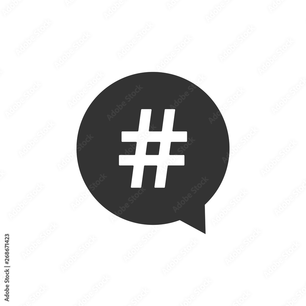Obraz premium Hashtag in circle icon isolated. Social media symbol, concept of number sign, social media, micro blogging pr popularity. Flat design. Vector Illustration