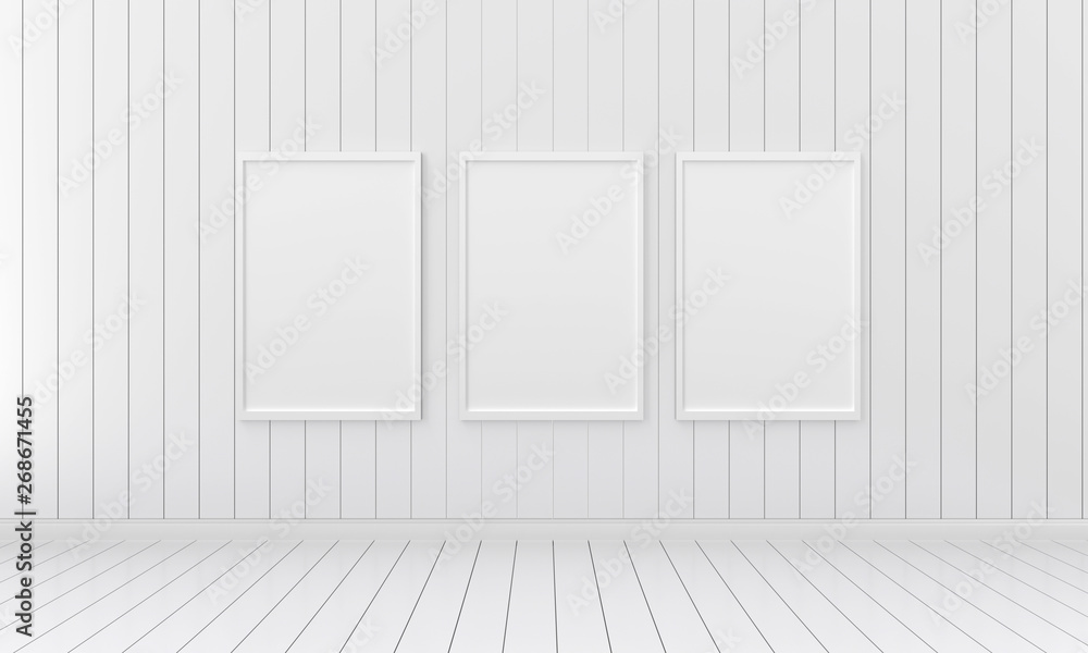 Three empty photo frame for mockup in empty white room, 3D render, 3D illustration Three empty photo frame for mockup in empty white room, 3D render, 3D illustration