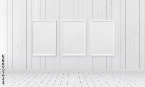 Three empty photo frame for mockup in empty white room  3D render  3D illustration