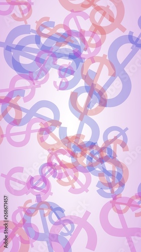 Multicolored translucent dollar signs on white background. Red tones. 3D illustration