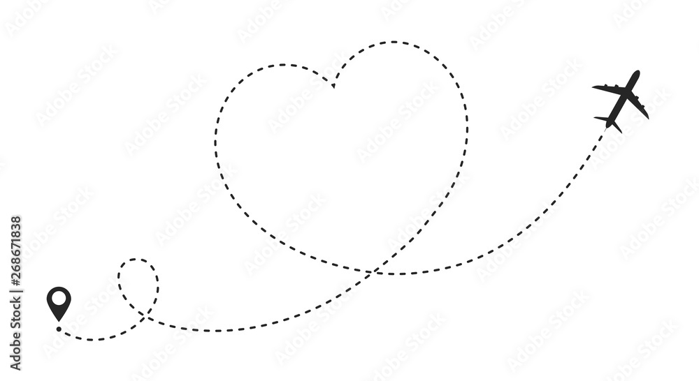 Airplane route in heart shape. Romantic travel concept. Travel and tourism concept, background with start point, airplane and dashed line trace Airplane route in heart shape. Romantic travel concept. Travel and tourism concept, background with start point, airplane and dashed line trace