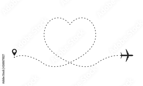 Airplane route in heart shape. Romantic travel concept. Travel and tourism concept, background with start point, airplane and dashed line trace