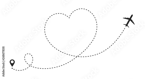 Airplane route in heart shape. Romantic travel concept. Travel and tourism concept, background with start point, airplane and dashed line trace