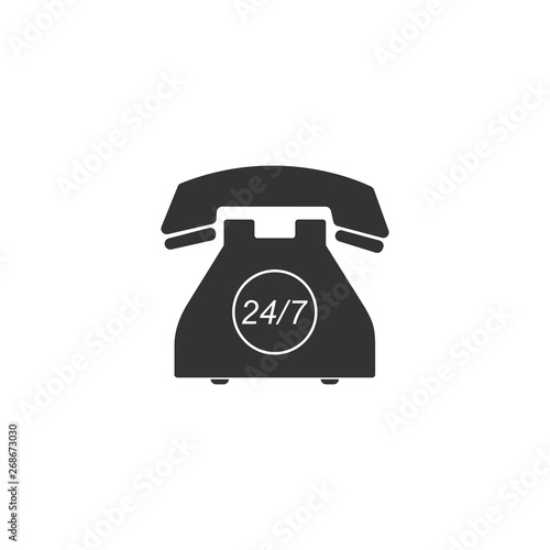 Telephone 24 hours support icon isolated. All-day customer support call-center. Full service 24 hour. Open 24 hours a day and 7 days a week. Vector Illustration © mingirov