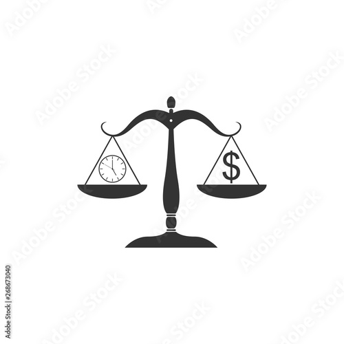 Scale weighing money and time icon isolated. Scales with hours and a coin. Balance between work and the given time. Business concept. Vector Illustration