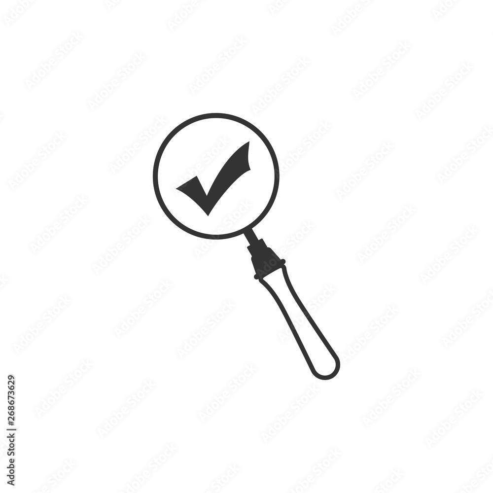 Magnifying glass and check mark icon isolated. Magnifying glass and approved, confirm, done, tick, completed symbol. Flat design. Vector Illustration Magnifying glass and check mark icon isolated. Magnifying glass and approved, confirm, done, tick, completed symbol. Flat design. Vector Illustration